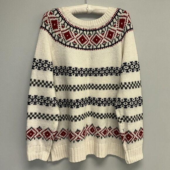Talbots XL Ivory Red Nordic Fair Isle Wool Blend Knit Crewneck Sweater - Picture 4 of 15